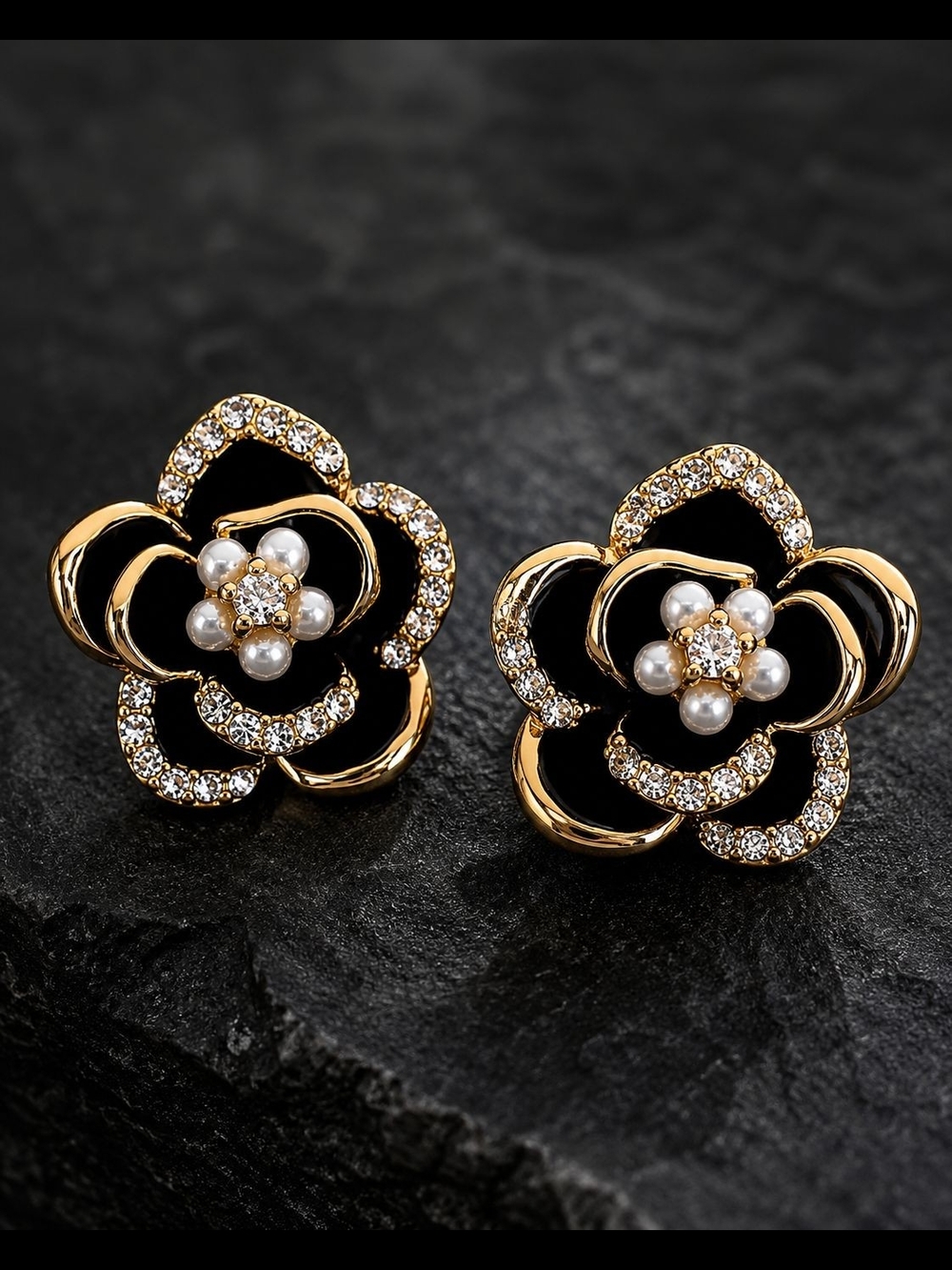Black and Gold Floral Pearl Crystal Stud Earrings - Picture 3 of 5